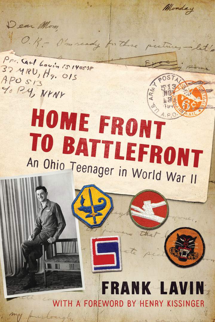 Image of a book cover with handwritten letters as a background and the title in red reading, 'Home Front to Battlefront, An Ohio Teenager in World War II'