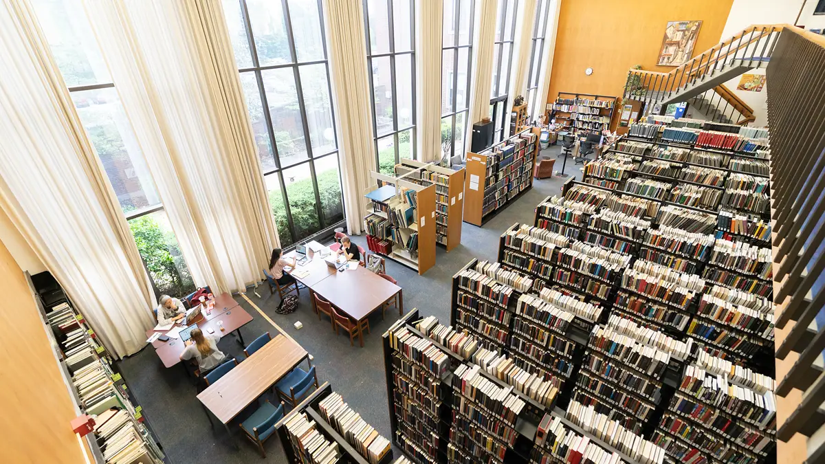 Amos Music Library from the second floor looking down over the stacks